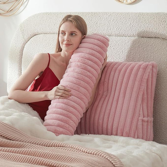 Headboard Pillow + A Long Neck Roll Pillow Body Pillow，Faux Fur Headboard Wedge Pillow with Removable Cover (Pink, Twin：39x8x20 inches)