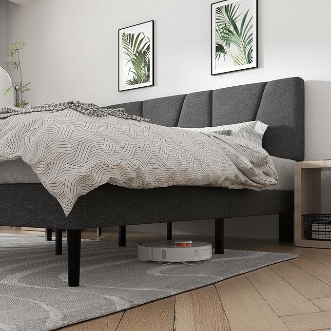 Full Size Platform Bed Frame with Geometric Upholstered Headboard, Noise Free, Wooden Slats Support, No Box Spring Needed, Easy Assembly, Dark Grey, Linen