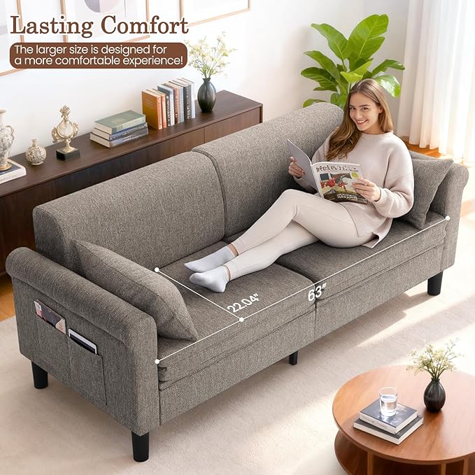 SEJOV 74" Convertible Sofa Bed, 5-in-1 Loveseat Sleeper Sofas with Pull Out Couch Bed, Storage Pockets & 2 Pillows, Modern Folding Linen Futon Couch for Living Room, Bedroom, Small Space, Brown