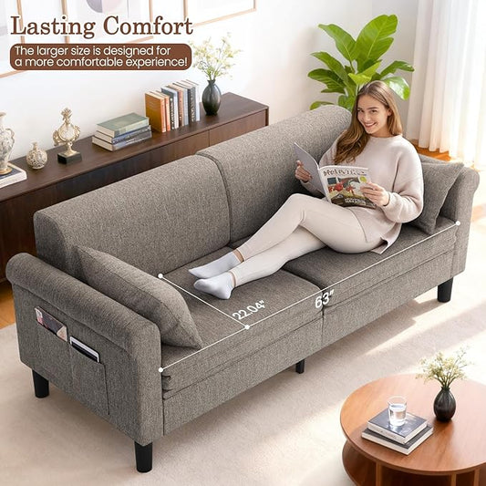 SEJOV 74" Convertible Sofa Bed, 5-in-1 Loveseat Sleeper Sofas with Pull Out Couch Bed, Storage Pockets & 2 Pillows, Modern Folding Linen Futon Couch for Living Room, Bedroom, Small Space, Brown