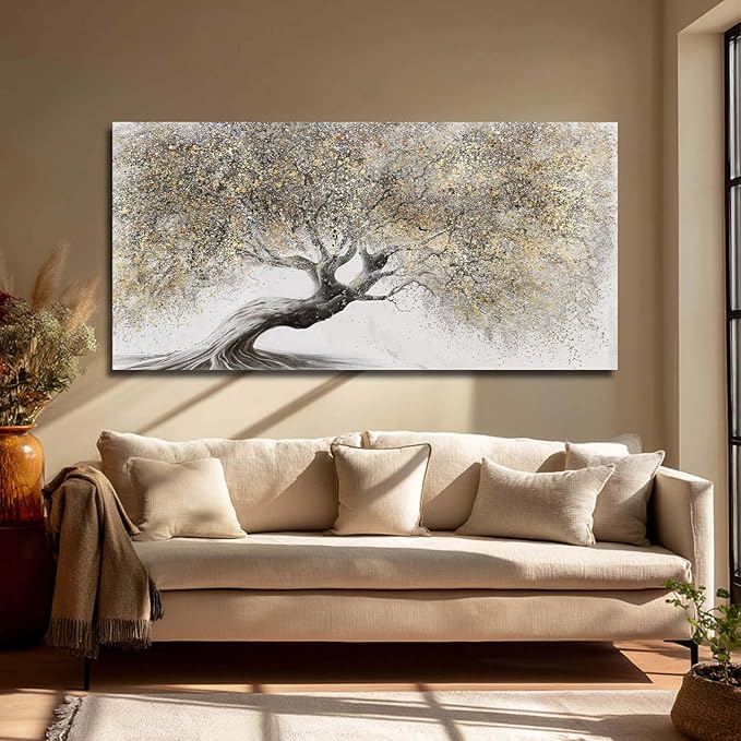 Gold Wall Art Canvas Wall Pictures Large Artwork Landscape Painting Photo Prints Wall Decorations Tree Wall Decor for Living Room Dining Room 29"x58"