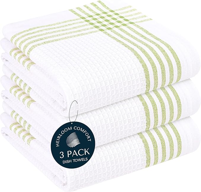 Lemon Green and White Waffle Kitchen Towels 3 Pack, 100% Cotton, 16x26 Inch, Super Absorbent, Reusable Fast Drying Dish Towels for Cleaning, Washing, Drying Dishes, Kitchen