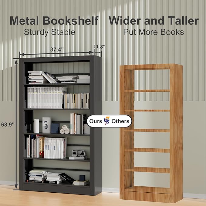 69" Tall Heavy-Duty Bookshelf, 5-Tier Metal Bookshelf with Adjustable Shelves, Open Shelf Bookcase, Tall Bookshelves for Home Office, Library, Bedroom, Including Book Stopper
