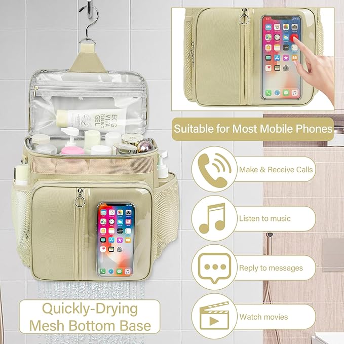 Portable Shower Caddy College, Quickly Dry Tolietry Mesh Tote Bag for Dorm Room Essentials, Hanging Bathroom Organizer Bag for Travel, Gym, Camping (Apricot)