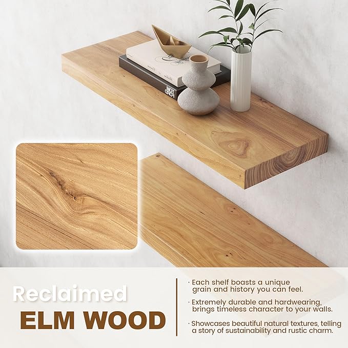 Elm Floating Shelves for Wall Decor, Rustic Solid Wood Shevles Wall Mounted with Invisible Bracket for Living Room Bathroom Bedroom Kitchen, 24 Inch Set of 2, Natural