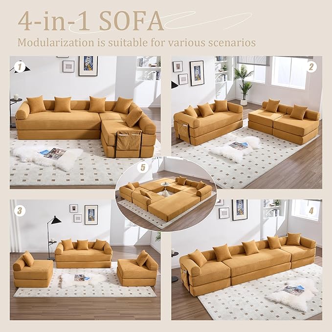 106" Oversized Convertible Sleeper Sofa Bed, Corduroy L Shape Sectional Couch, Folding Sofa Bed with Side Pocket, Modern Cloud Floor Mattress Couch, Modular Sofa for Living Room, Mustard Yellow