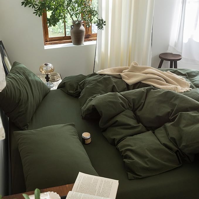 FOSSA Duvet Cover Set 100% Washed Cotton Linen Feel Super Soft Breathable Cozy 3 Pieces Bedding Sets Solid Olive Green Oversized Queen