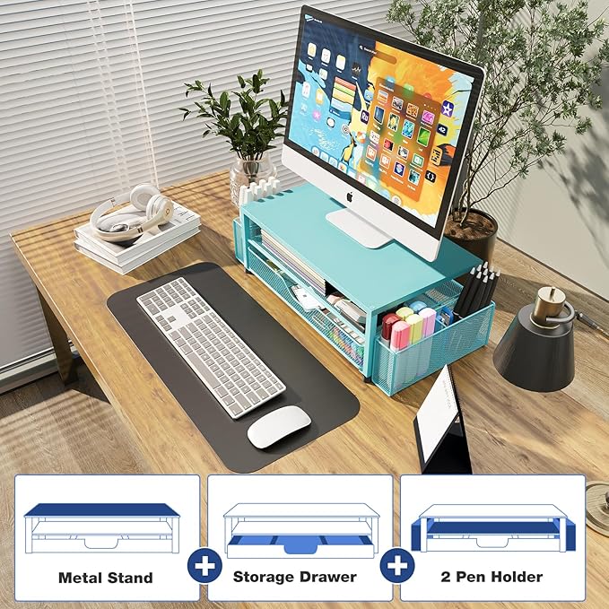 OPNICE Desk Organizers and Accessories, 2-Tier Computer Monitor Stand Riser with Drawer and 2 Pen Holders, Laptop Stand, Office Desk Accessories for Office Supplies, Teal Blue