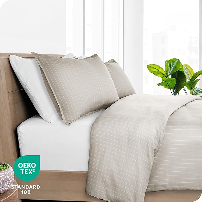 Bare Home Bedding Duvet Cover Extra Long Size - Premium 1800 Super Soft Collection - Lightweight, Cooling - Soft Textured (Twin/Twin XL, Pinstripe - Stone/White)