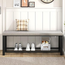 FOLUBAN Entryway Bench, Vintage Wood and Metal Storage Bench with Metal Shelf, Indoor Shoe Rack Bench Seat for Living Room, Bedroom, Hallway, Entrance, Light Grey, 47 Inch