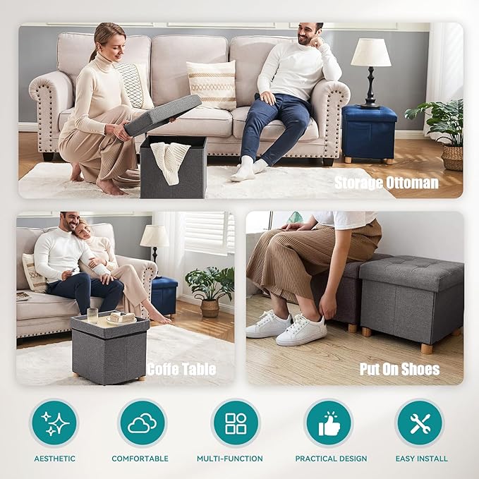 BRIAN & DANY Ottoman with Storage, Small Storage Ottoman for Dorm, Linen Folding Ottoman Foot Stool with Legs for Living Room and Bedroom, 15"x15"x15" - Gray