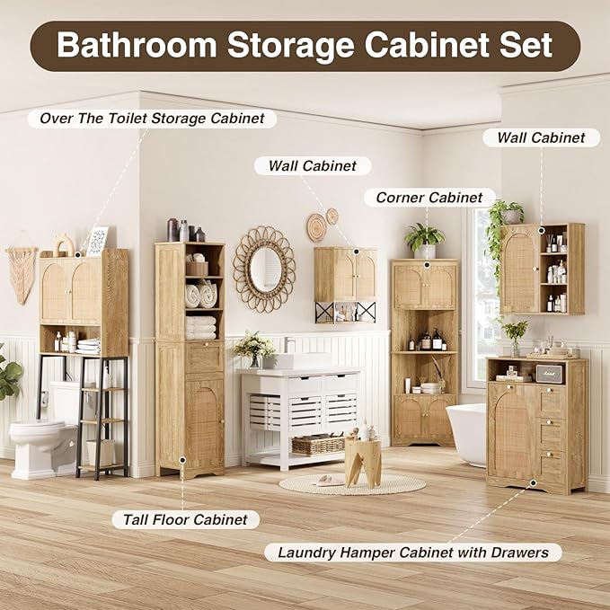 Rattan Over The Toilet Storage Cabinet with Adjustable Shelf and Large Space, Bathroom Organizers and Storage Over Toilet with Rattan Door, Metal Stand, Tall Storage Shelves Above Toilet, Natural