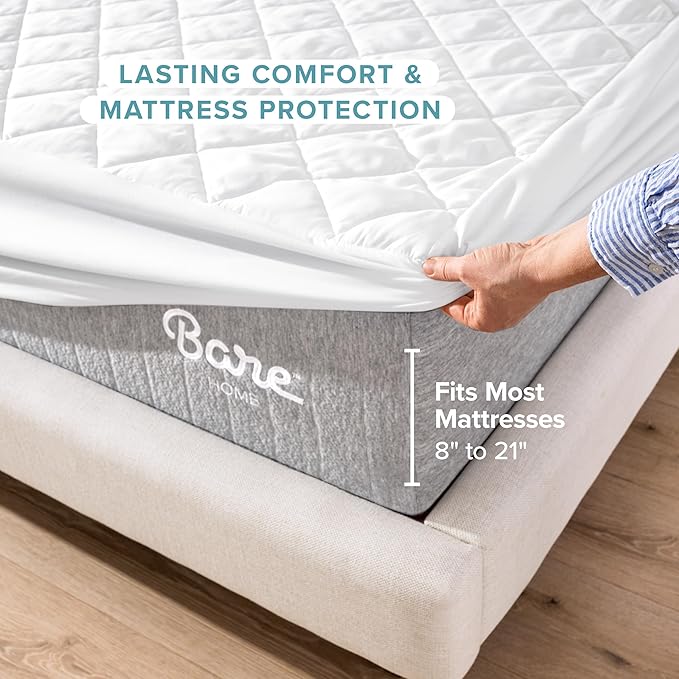 Bare Home Quilted Fitted Mattress Pad (Full Extra Long) - Cooling Mattress Cover - Easily Washable - Elastic Fitted Cover for Mattress - Stretch-to-Fit up to 15 Inches Deep (Full XL)