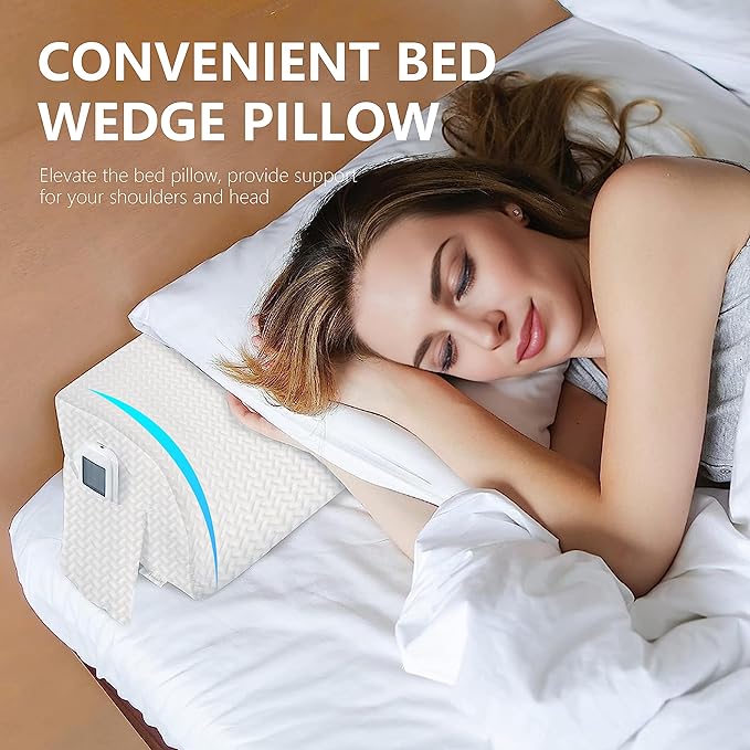 Bed Wedge Pillow for Headboard Gap Bed Mattress Gap Filler (0-8") Between Headboard/Wall and Mattress White Full Size Foam Support Triangle Bloster Pillow Stoppers with 2 Pockets