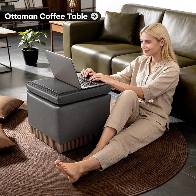 Square Ottoman with Storage,Swivel Vanity Stool-Faux Leather Foot Rest,Upholstered Footstool Pouf with Sturdy Acacia Wood Frame(500lbs),Small Coffee Table & Hidden Storage for Living Room