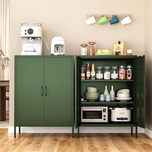 Metal Locker Cabinet, Green Storage Cabinets with 2 Doors and Adjustable Shelves, 3 Tier Modern Storage Freestanding Sideboard for Living Room,School,Office Home Kitchen and Coffee Bar