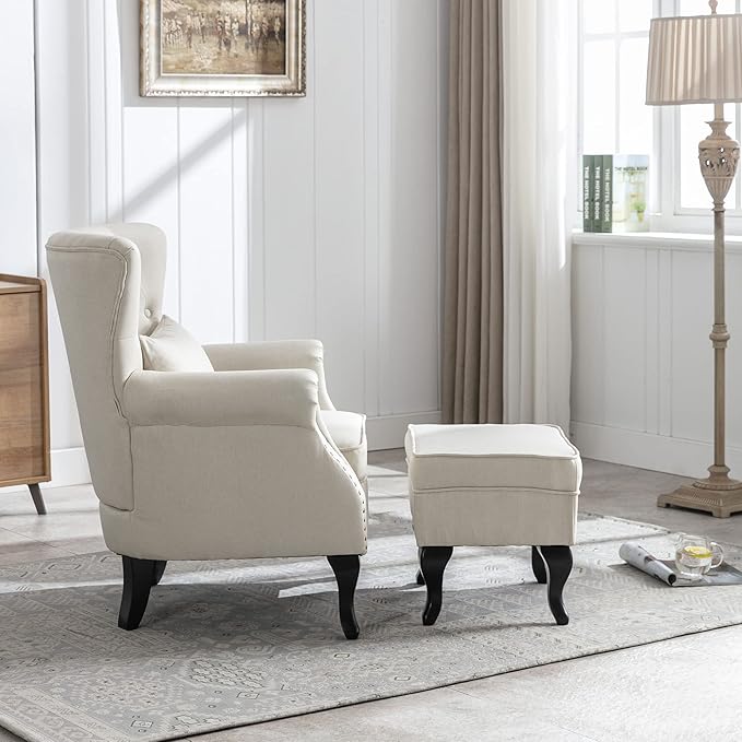 Set of 2 Mid-Century Modern Accent Chair with Ottomans, Linen Fabric Armchair w/Tufted Back/Wood Legs, Upholstered Lounge Arm Chair Single Sofa for Living Room Bedroom, Beige