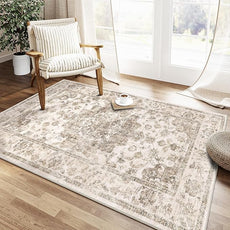 4x6 Washable Neutral Area Rug Brown Vintage Entryway Office Carpet Non-Slip Soft Low Pile Floral Indoor Throw Rug for Living Room Bathroom Dining Room