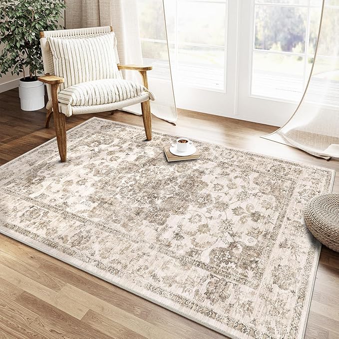 4x6 Washable Neutral Area Rug Brown Vintage Entryway Office Carpet Non-Slip Soft Low Pile Floral Indoor Throw Rug for Living Room Bathroom Dining Room