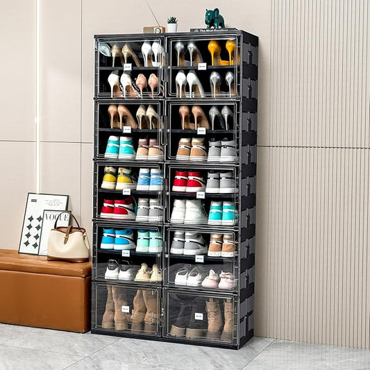 JEKO&JEKO 9 Tiers Foldable Boot Storage Shoe Rack Cabinet for Closet Entryway, Large Collapsible Shoe Organizer with Magnetic Doors (Black)