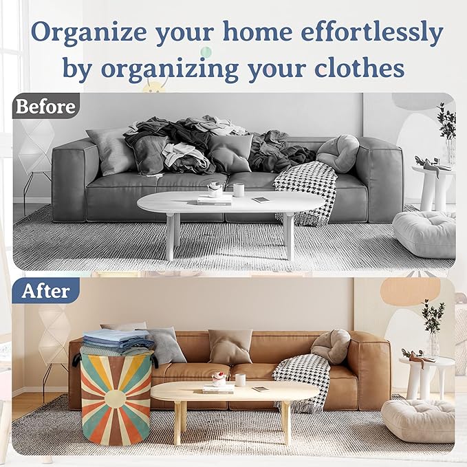 Vintage Sun Laundry Hamper With Handle,Foldable Oxford Cloth Sunrise Sunset Laundry Basket,20.8"x16" Clothes Storage Basket for Laundry Room/Bedroom/Bathroom