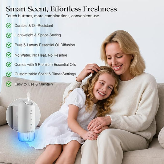 Plug in Diffuser Starter Kit - Waterless Scent Diffuser with 5 Essential Oils, 700 Sq Ft Coverage, Smart Wall Design, Cold-Air Mist, 3 Mist Levels & Blue Ambient Light for Home or Small Spaces, White
