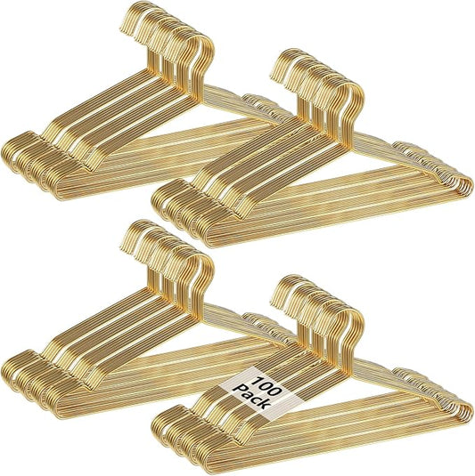 Gold Metal Hangers for Clothes - 100 Pcs Stainless Steel Wire Clothes Hangers, Heavy-Duty, Space-Saving for Coat Suit Dress
