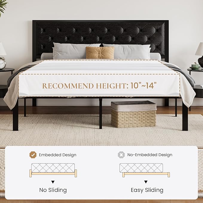 SHA CERLIN King Size Metal Platform Bed Frame, PU Leather Upholstered Button Tufted Headboard, Mattress Foundation with 12.4” Under-Bed Storage, Noise-Free, Easy Assembly, No Box Spring Needed, Black