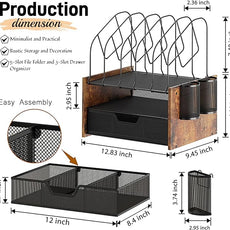 Wood Desk Organizer - 2-Tier Desktop File Organizer with Drawer with Vertical File Holder, Wooden Paper Tray, Office Desk Organzier and Accessories for Papers, Mail, Notebooks, Stationery