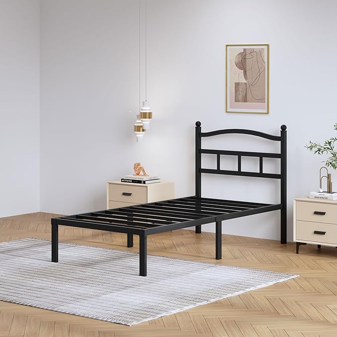 14 Inch Metal Bed Frame - Twin Size Heavy Duty Bedframe with Headboard Black Basic Steel Slats Platform No Box Spring Needed/Easy Assembly/Noise Free