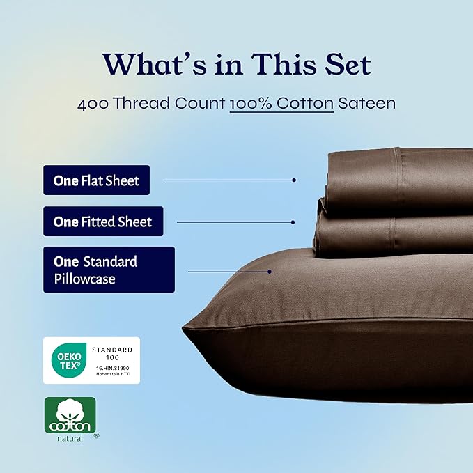 California Design Den Twin Sheets Set - Soft 400 Thread Count Sateen, Natural 100% Cotton Twin Bed Sheets with Deep Pockets, and Durable Bedding Set - Espresso Chocolate Brown CaliforniaDesignDen