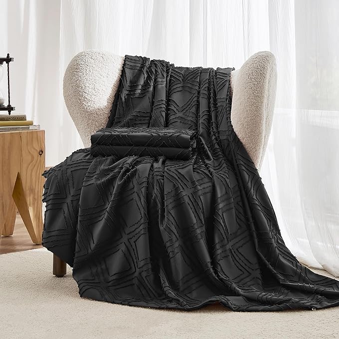 JELLYMONI Duvet Cover Twin Size Black - 3PCS Boho Duvet Cover Set Plaid Polyester Tufted Bohemian Jacquard Knit Textured Comforter Cover 68×90in Rhombic Geometric Pattern Corner Ties & Zipper