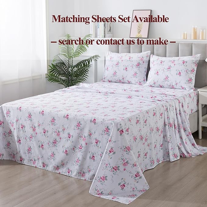 FADFAY Rose Duvet Cover Set Queen Pink Floral Bedding Vintage Botanical Flower Quilt Cover Set Rustic Farmhouse Bedding 100% Cotton Soft Comforter Cover with Hidden Zipper Closure 3Pcs, Queen Size