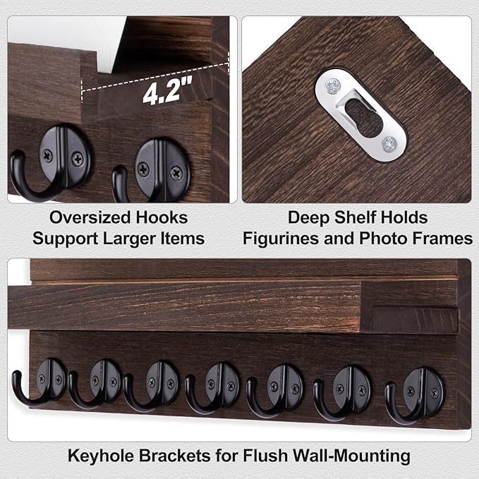 Key Holder Wall Mount, Entryway Key and Mail Holder with 7 Sturdy Hooks for Sunglasses, Dog Leash, Decorative Wall Shelf with Mounting Hardware, 15”W x 6.7”H x 4.2”D (Brown)