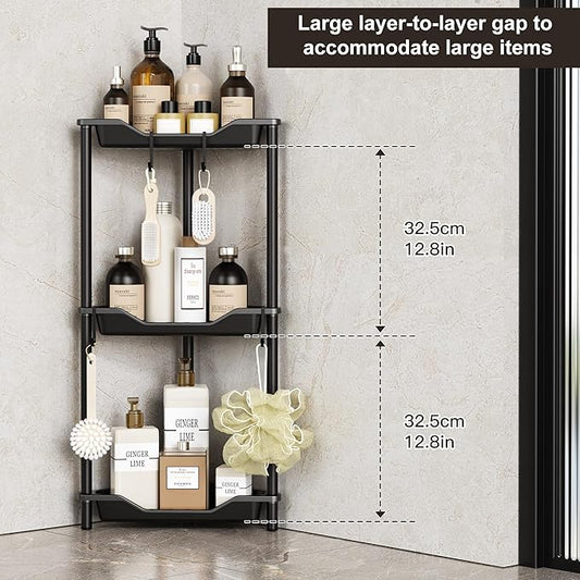 Orimade Rustproof 3 Tier Floor Standing Corner Shower Caddy Organizer, Plastic Metal Splicing Floor Corner Shelf Rack Stands for Bathroom, Black