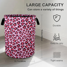 Pink Leopard Laundry Basket Foldable Oxford Cloth Tote Bag Laundry Hamper Clothes Storage Bucket Organizer For Bathroom/Laundry Storage/Bedroom 19.6x15.7 Inch