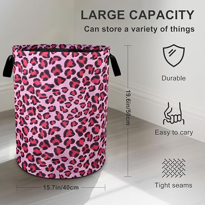 Pink Leopard Laundry Basket Foldable Oxford Cloth Tote Bag Laundry Hamper Clothes Storage Bucket Organizer For Bathroom/Laundry Storage/Bedroom 19.6x15.7 Inch