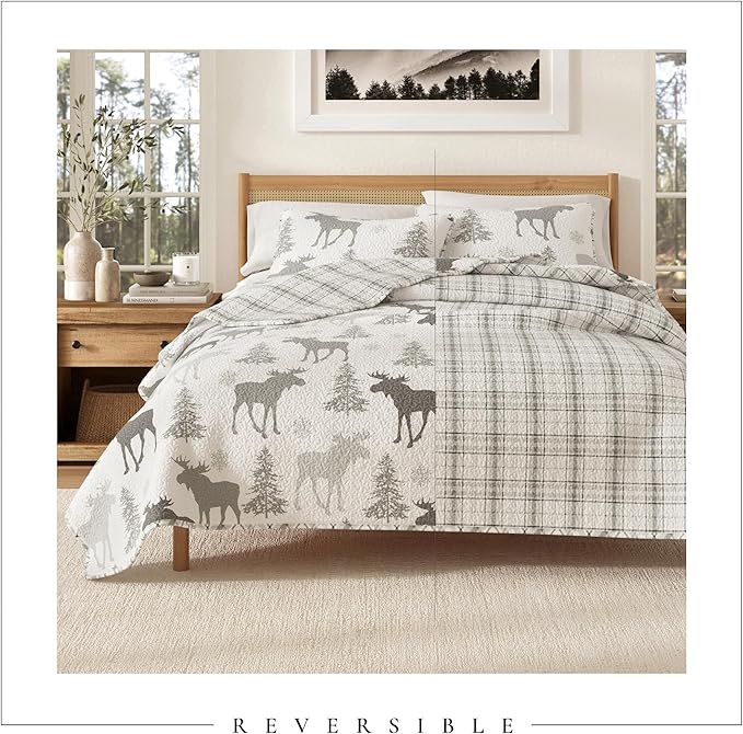 Great Bay Home Lodge Bedspread Full/Queen Size Quilt with 2 Shams. Cabin 3-Piece Reversible All Season Quilt Set. Rustic Quilt Coverlet Bed Set. Wilderness Collection (Moose - Grey)