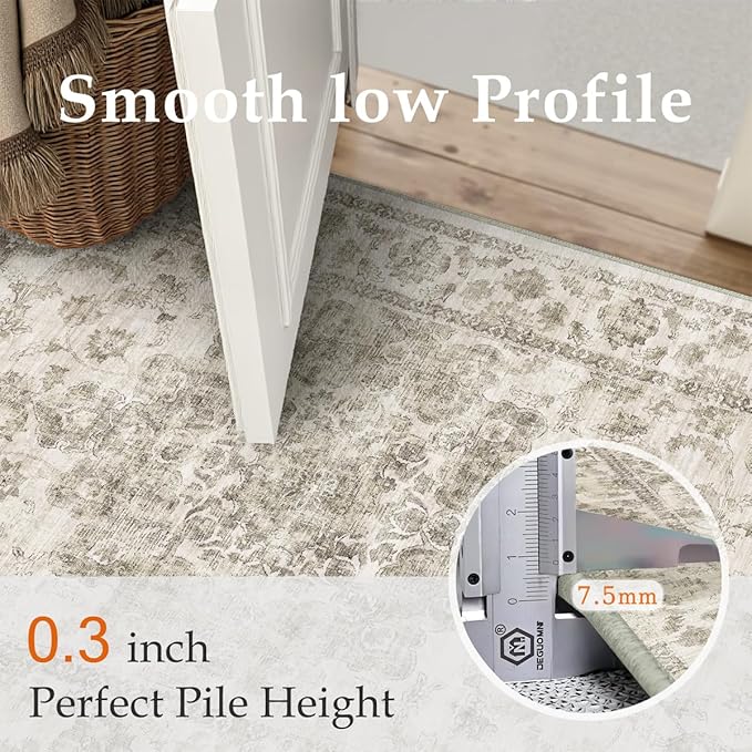 8x10 Washable Neutral Area Rug Taupe Vintage Living Room Bedroom Carpet Non-Slip Soft Low Pile Floral Large Throw Rug for Dining Room Entryway Office