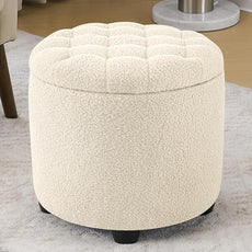 Furniliving Modern Round Storage Ottoman,Button Tufted Ottoman Footstool Ottomans with Removable Lid Storage Stool for Living Room, Bedroom, Makeup Room, Faux Fur, White