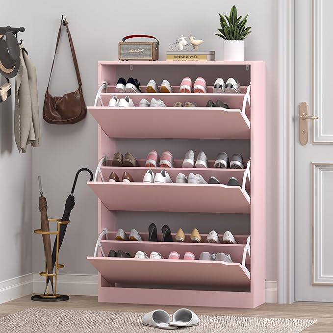 Shoe Cabinet with 3 Flip Drawers, Hidden Wood Shoe Cabinet,Freestanding Shoe Storage Cabinet for Entryway Hallway.White. 47.2" H*31.5" W*9.45" D (Pink)
