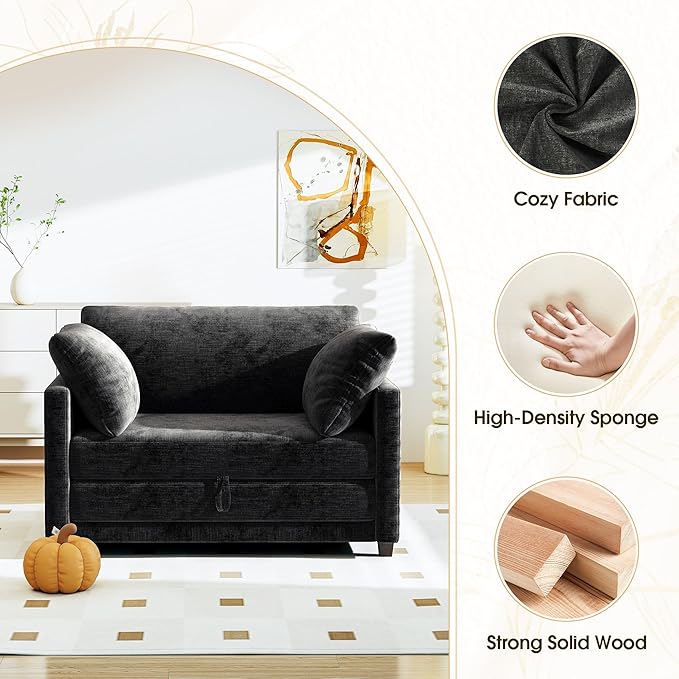 51" Convertible Loveseat Sofa Bed, 2-in-1 Folding Sofa Bed with 2 Pillow for Small Spaces, Modern Loveseat Sleeper Couch for Apartment, Living Room & Guest Room (Chenille Black, 51 inch)