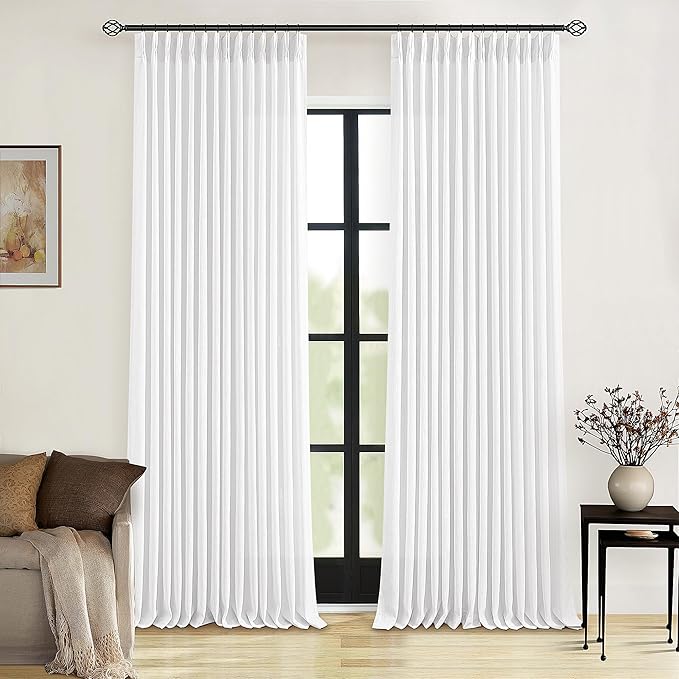 Pleated Linen Curtains 86 Inches Long for Living Room Pinch Pleat Hooks for Track System Back Tab Custom Made Memory Shape Drape Light Filtering Snow White Living Room Bedroom Window Curtain 86 Inch