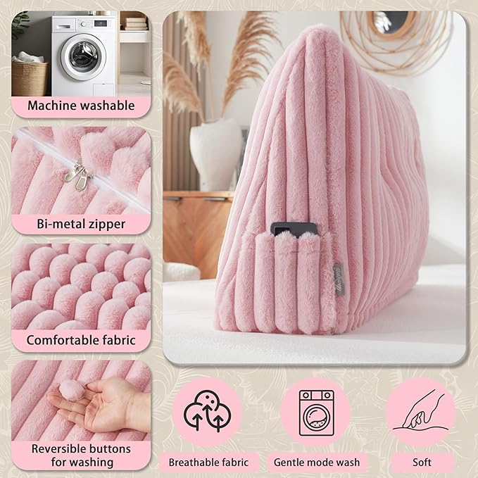 Headboard Pillow + A Long Neck Roll Pillow Body Pillow，Faux Fur Headboard Wedge Pillow with Removable Cover (Pink, Twin：39x8x20 inches)