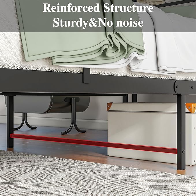 HOJINLINERO Twin Bed Frame with Storage Headboard and Charging Station, Twin Size, Heavy Duty Metal Slats, No Box Spring Needed, Dark Grey