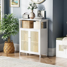 HITNET Bamboo Cabinet, Rattan Storage Cabinet with Doors, Freestanding Floor Cupboard for Bathroom, Living Room, Hallway, White