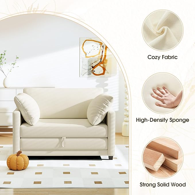 51" Convertible Sofa Bed, 2 in1 Folding Sofa Bed, Loveseat Sleeper Sofa for Small Spaces, Fold Out Floor Couch with 2 Pillows for Apartment, Living Room & Guest Room, Beige Chenille Fabric