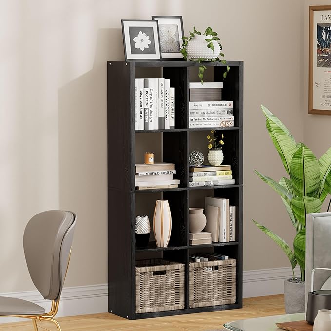 8 Cube Storage Organizer, Cube Shelf with Heavy-Duty Thick Boards, 25.12" L x 9.37" W x 48.74" H, Smooth Easy-Clean Panels, Simple Assembly, for Living Room Bedroom Office, Black