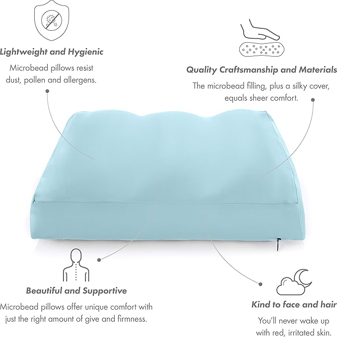 PILLOWY Premium Microbead Bed Pillow, Medium Extra Fluffy But Supportive - Ultra Comfortable Sleep with Silk Like Anti Aging Cover 85% Spandex/ 15% Nylon Breathable, Cooling Sweet Baby Blue