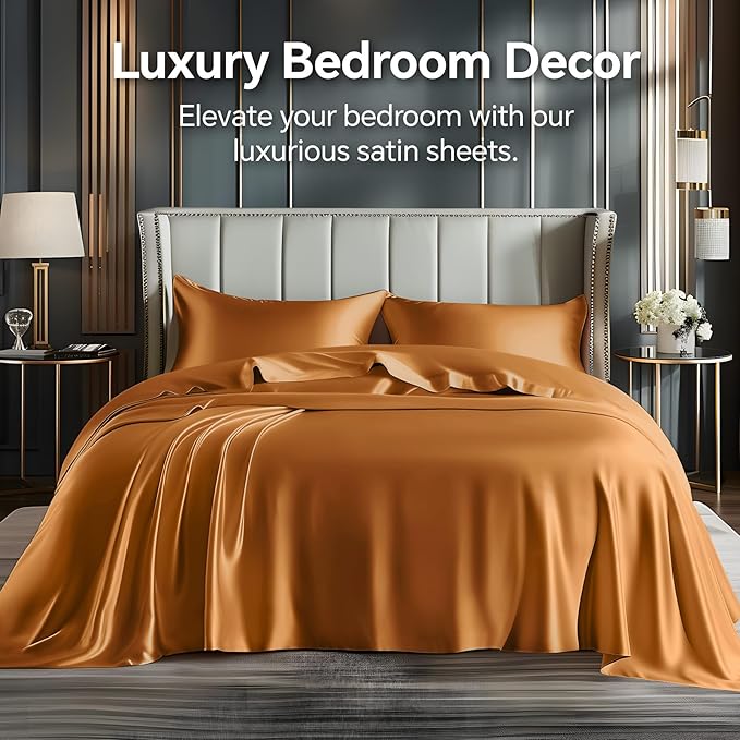BEDELITE Satin Sheets Queen Size Bed Set, Luxury Soft Burnt Orange Silky Sheets for Hair and Skin, Similar to Silk Bed Sheets Set 4 Pieces with 1 Deep Pocket Fitted Sheet, 1 Flat Sheet, 2 Pillowcases